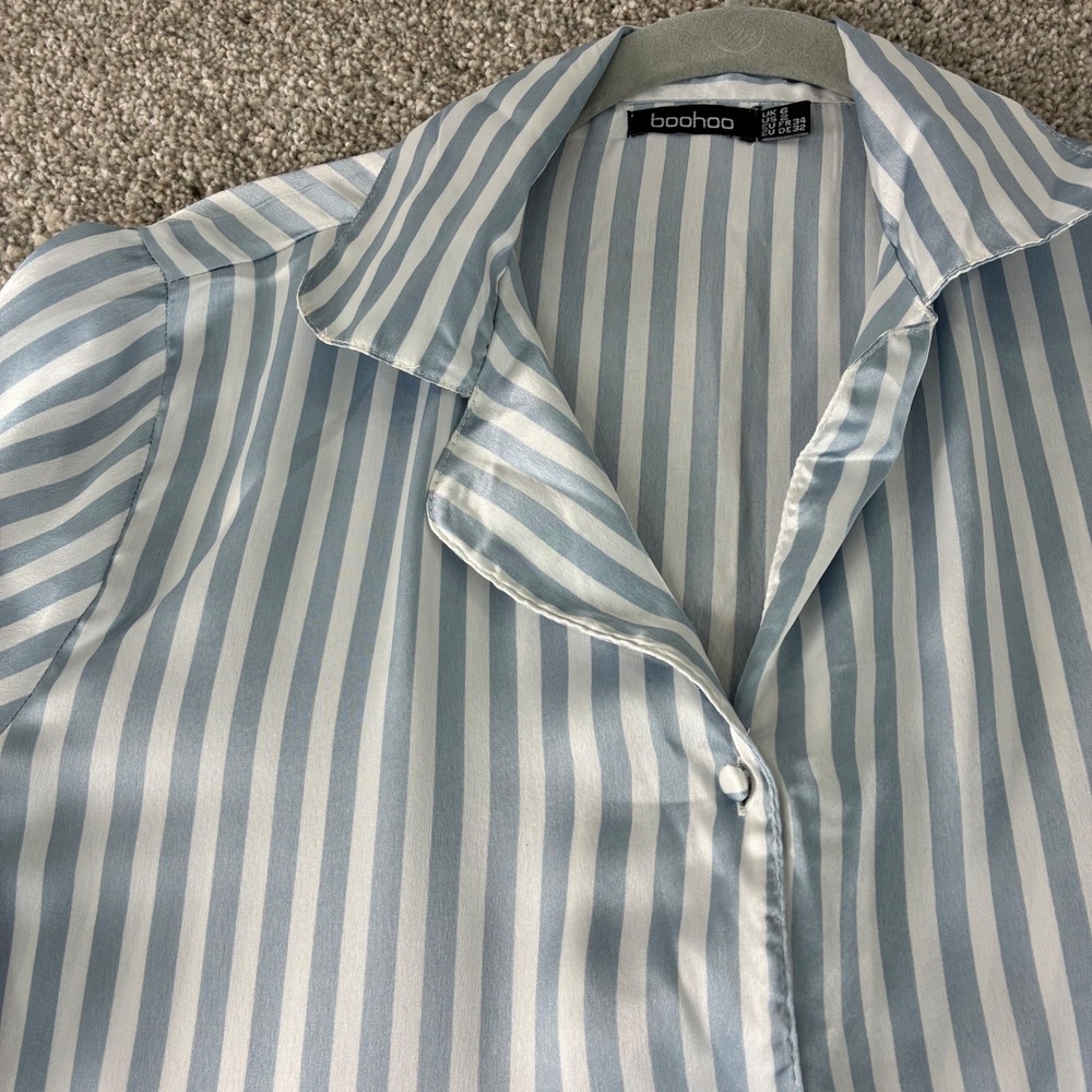 Boohoo Womens Pajama Set Size 2 Blue White Striped Shirt Shorts Sleepwear Lounge